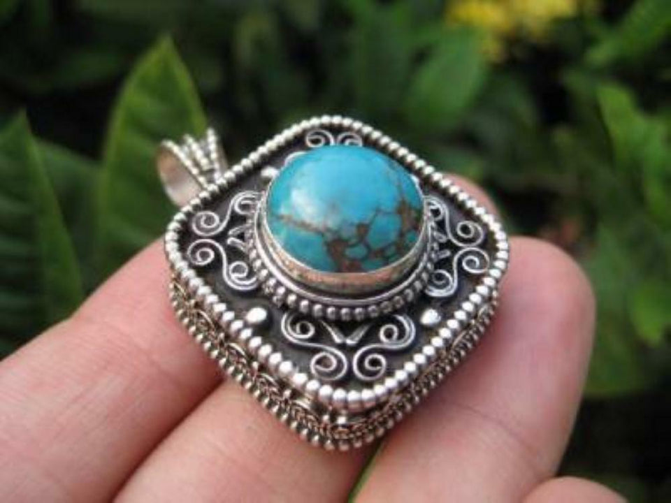925 Silver Turquoise Compartment Locket Pendant Necklace Nepal Jewelry Art A81180