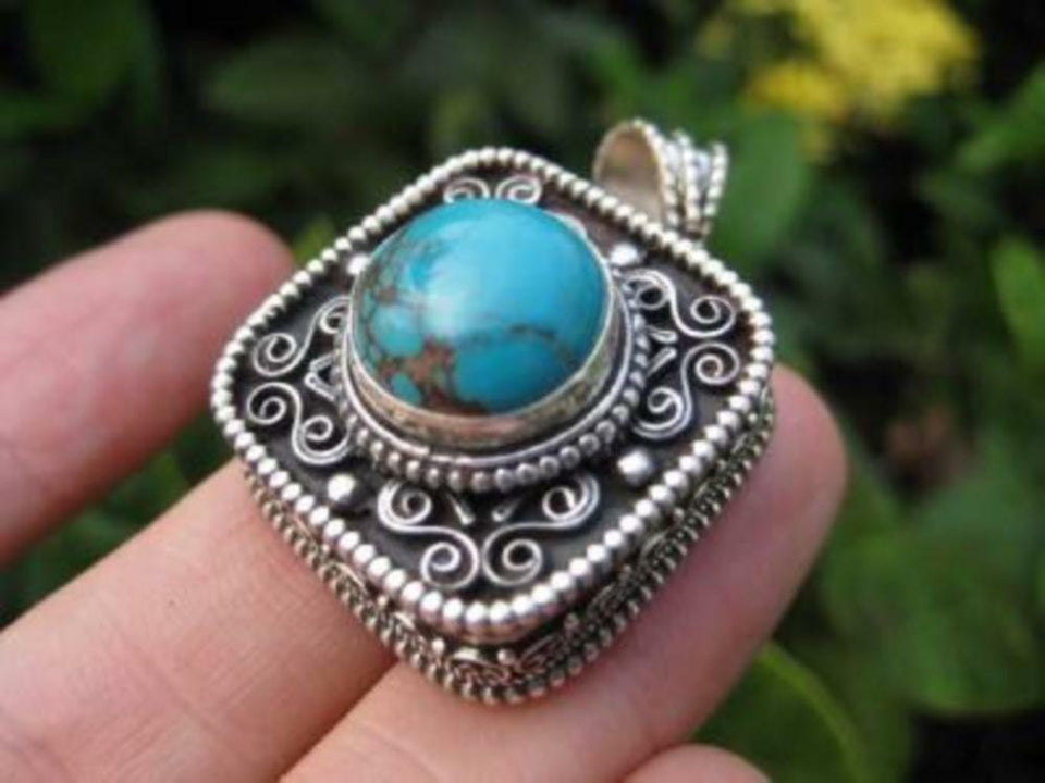 925 Silver Turquoise Compartment Locket Pendant Necklace Nepal Jewelry Art A81180