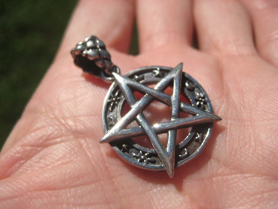 925 Silver Star and Moon Pentagram Pendant A2648