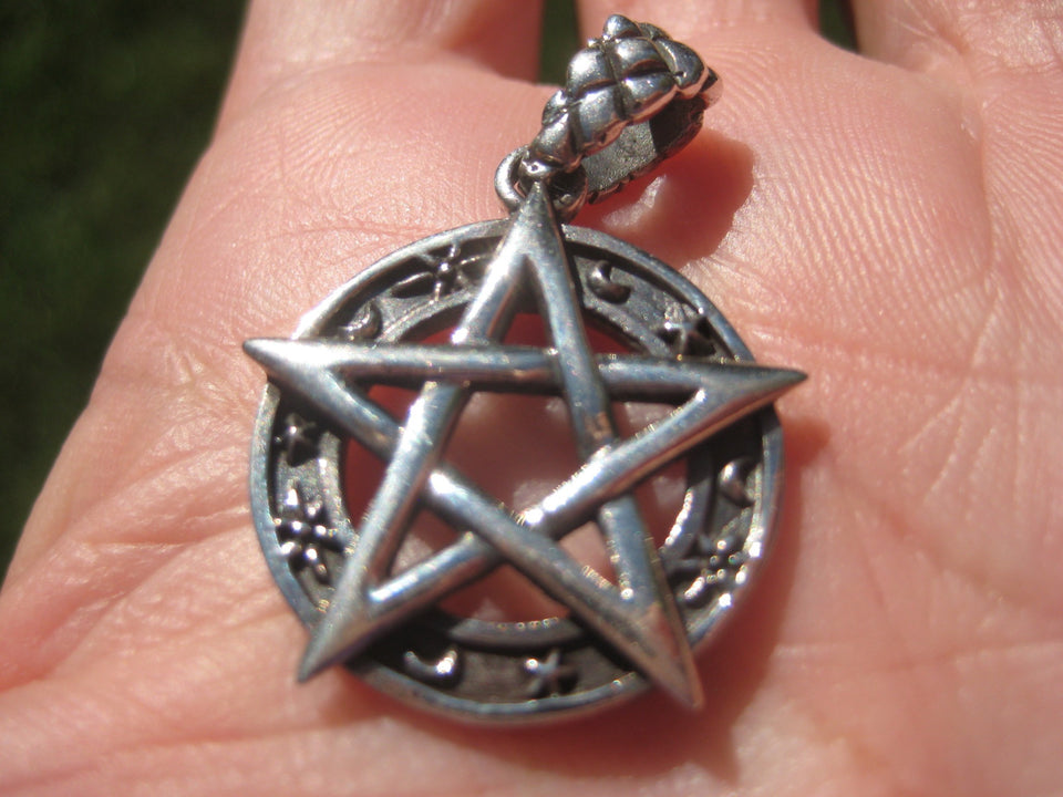 925 Silver Star and Moon Pentagram Pendant A2648