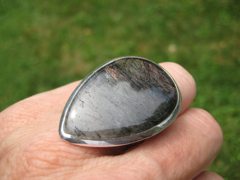 925 Silver Black Rutile Quartz Ring Taxco Mexico Size 8.75 US  A2749