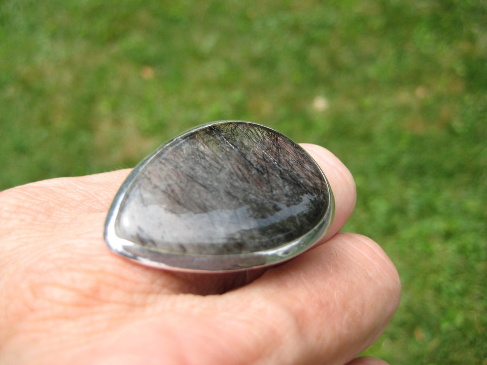 925 Silver Black Rutile Quartz Ring Taxco Mexico Size 8.75 US  A2749