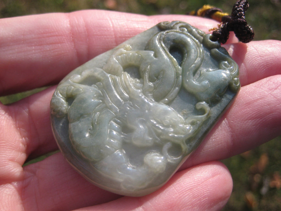 Natural Jadeite Jade Dragon Pendant Necklace Amulet Myanmar A23288