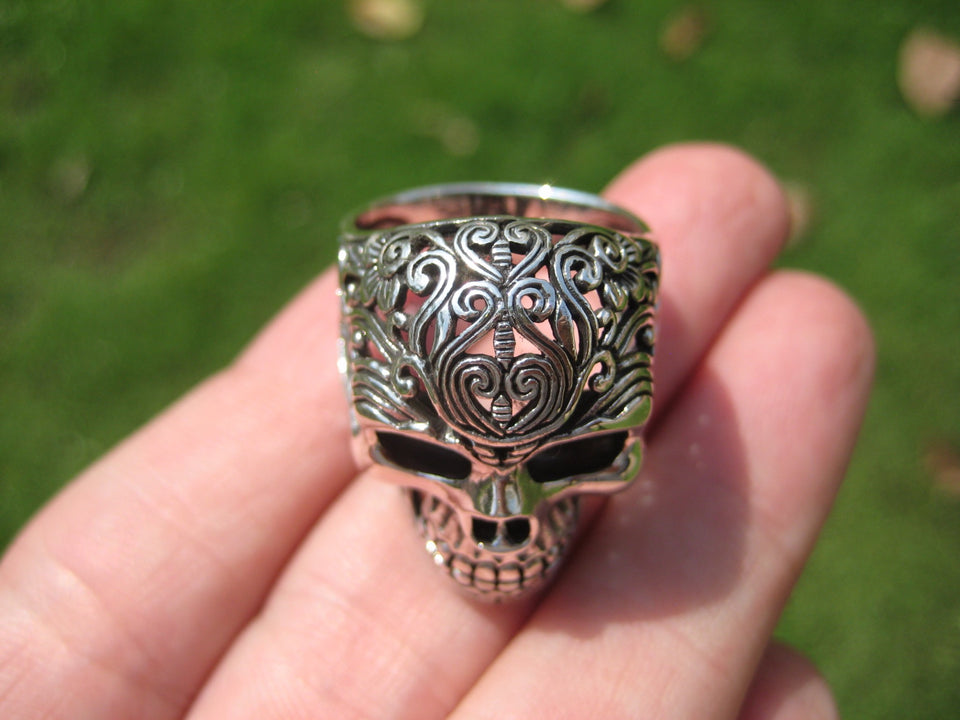 925 Silver Filigree Skull Ring jewelry Art Thailand A16