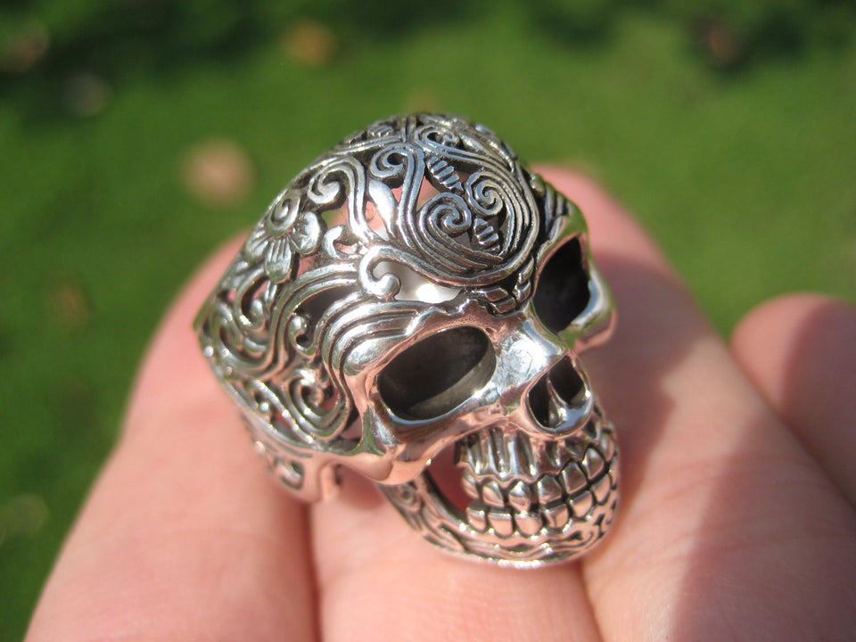 925 Silver Filigree Skull Ring jewelry Art Thailand A16