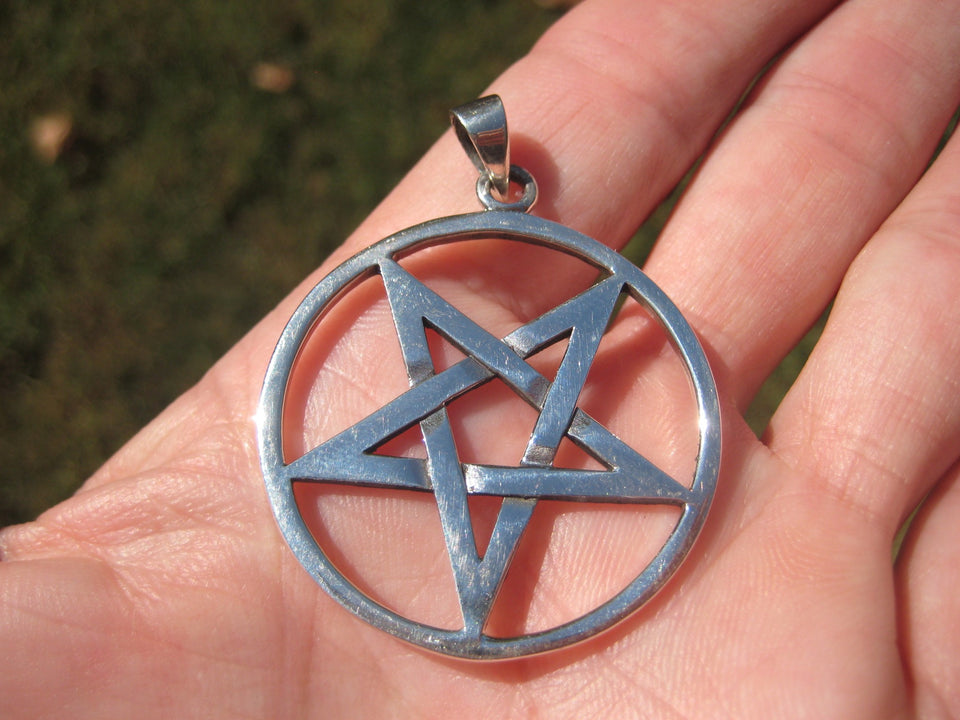 Extra Large 925 Sterling Silver Wicca Inverted Pentagram Pendant A2633