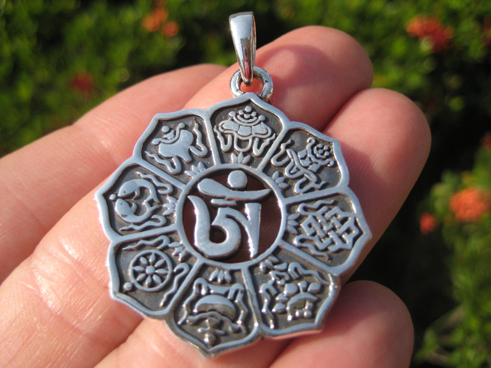925 Silver Ohm Nine Spiritual Symbols Pendant Necklace Buddhist Jewelry Art A10