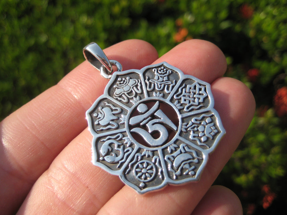 925 Silver Ohm Nine Spiritual Symbols Pendant Necklace Buddhist Jewelry Art A10