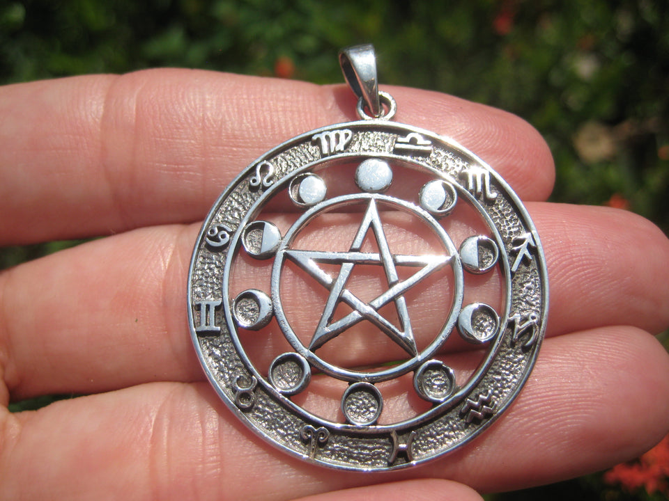 925 Silver Zodiac Calendar Moon Lunar Cycle Pentagram Pendant Necklace 26