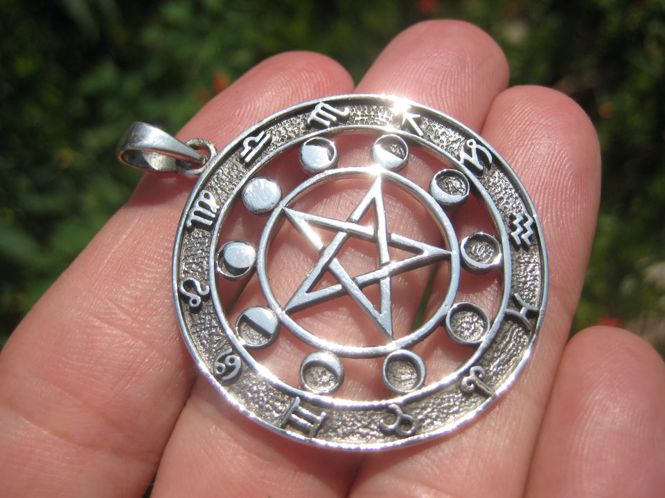 925 Silver Zodiac Calendar Moon Lunar Cycle Pentagram Pendant Necklace 26