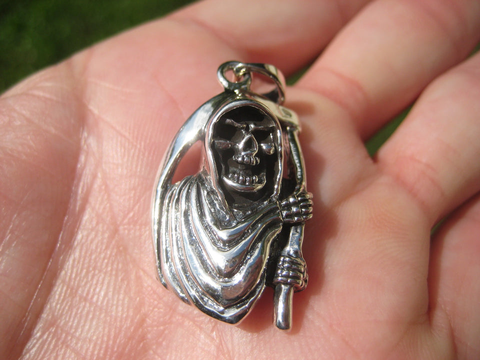 925 Silver Grim Reaper Skull Pendant Necklace A2885