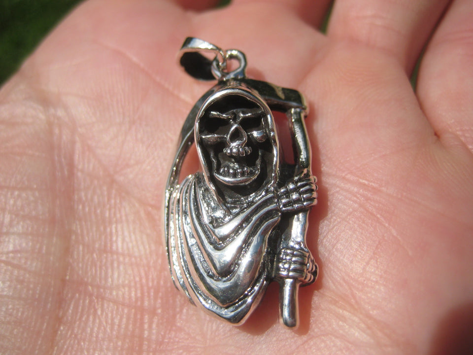 925 Silver Grim Reaper Skull Pendant Necklace A2885