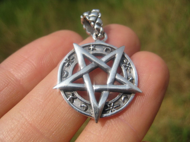 925 sterling silver star and moon wicca inverted pentagram pendant necklace