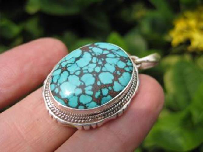 925 Silver Tibetan Turquoise stone crystal Pendant Necklace Nepal N7544