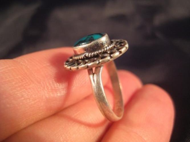 925 Silver Tibetan Turquoise crystal stone Ring Nepal jewelry art Size 4.5 N376
