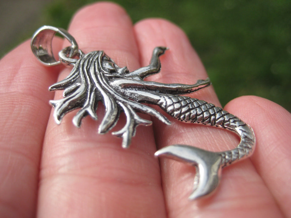 925 Silver Mermaid Fish Pendant Necklace Taxco Mexico A8753