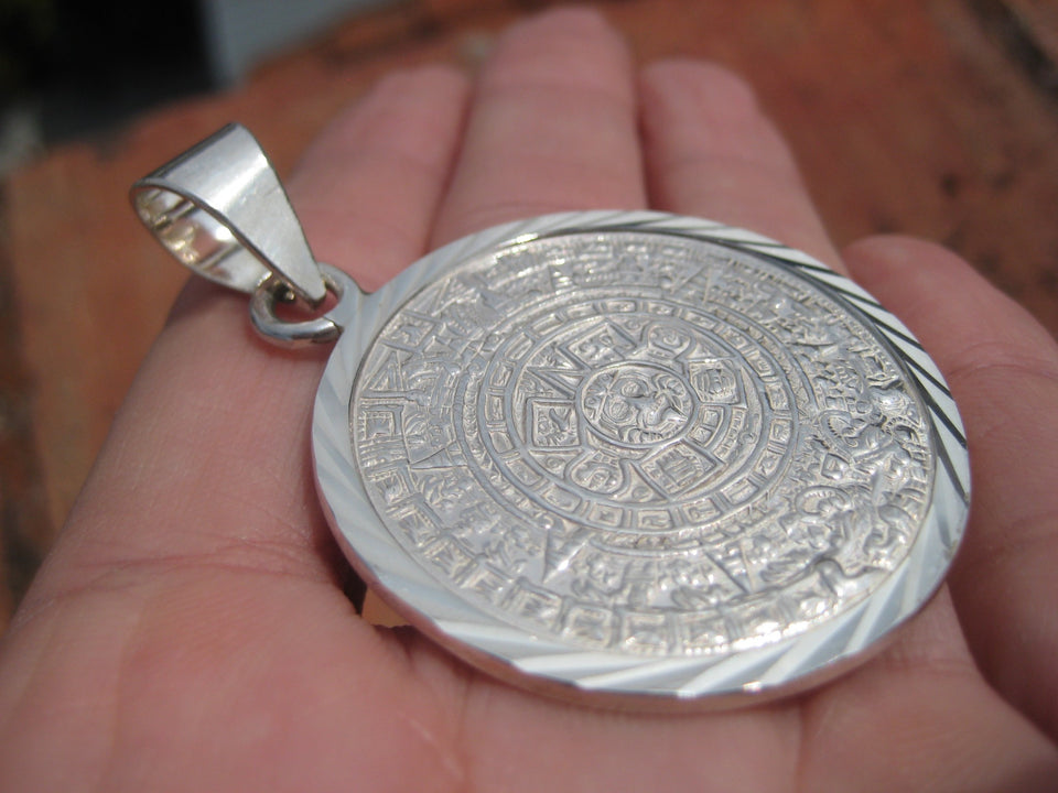 Large 925 Silver Mayan Calendar Pendant Taxco Mexico A2745