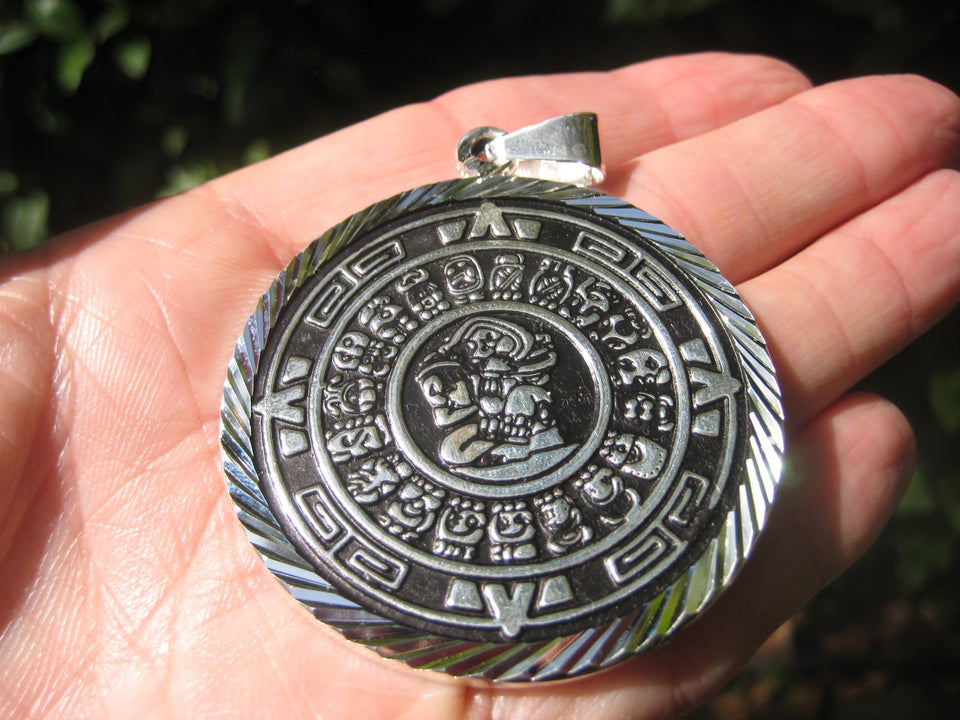 Large 950 Silver Mayan Calendar Pendant Necklace Taxco Mexico A8343