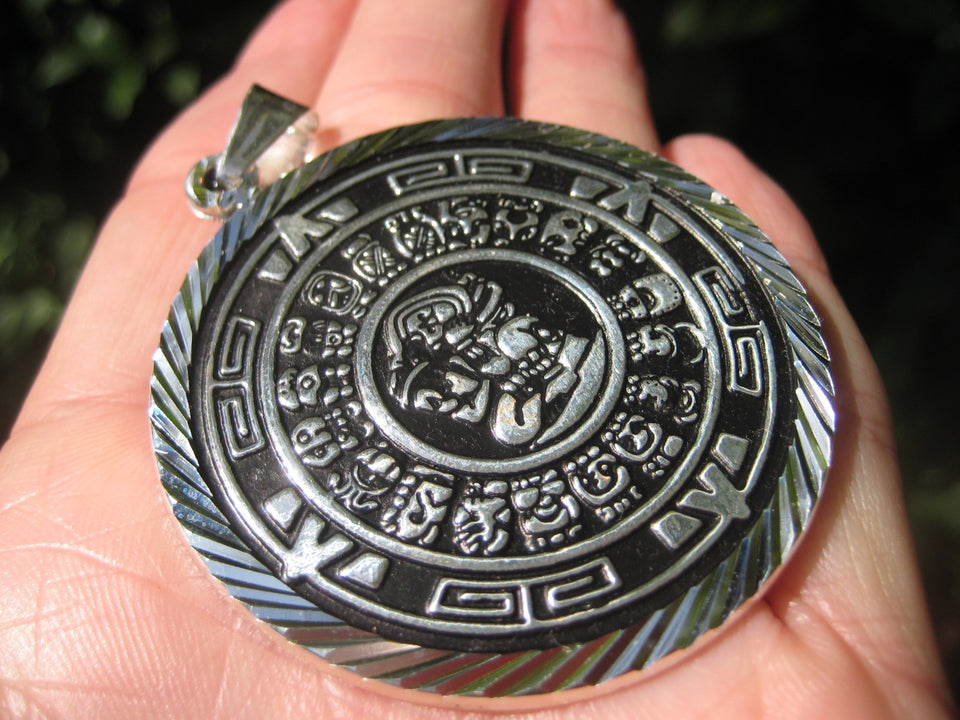 Large 950 Silver Mayan Calendar Pendant Necklace Taxco Mexico A8343