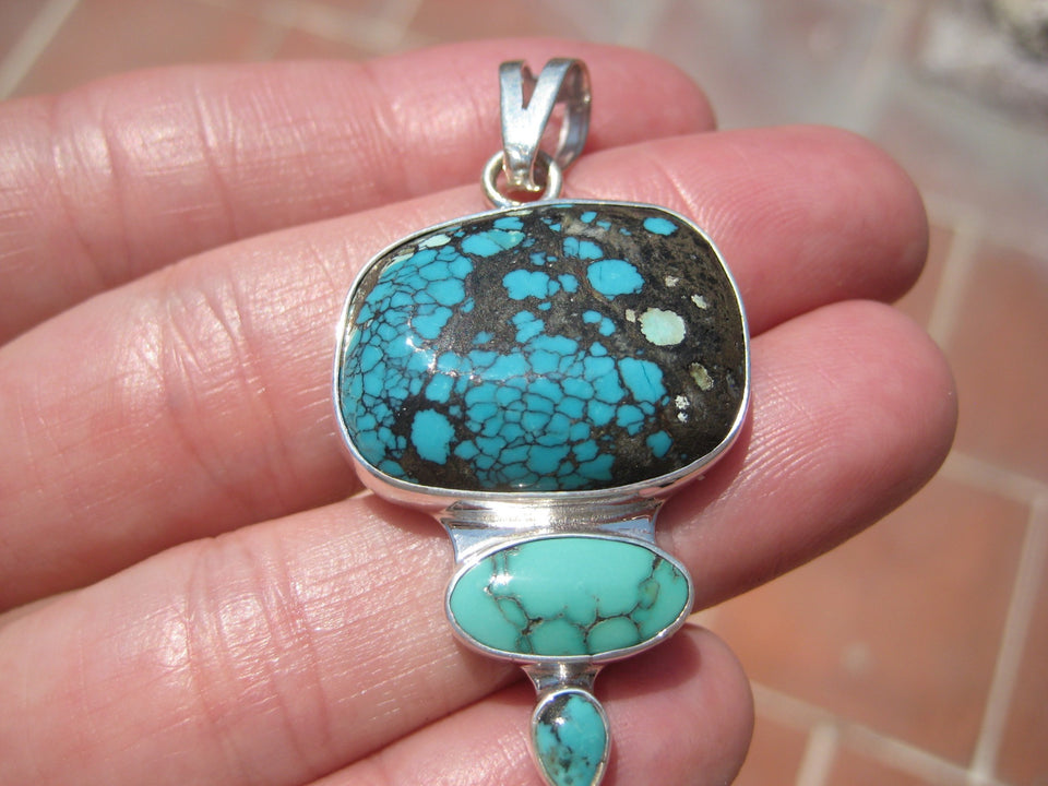 925 Silver Natural Arizona Turquoise Pendant Necklace Taxco Mexico A574