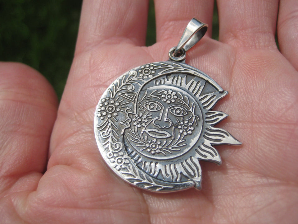 950 Silver Sun Moon Pendant Taxco Mexico A2644