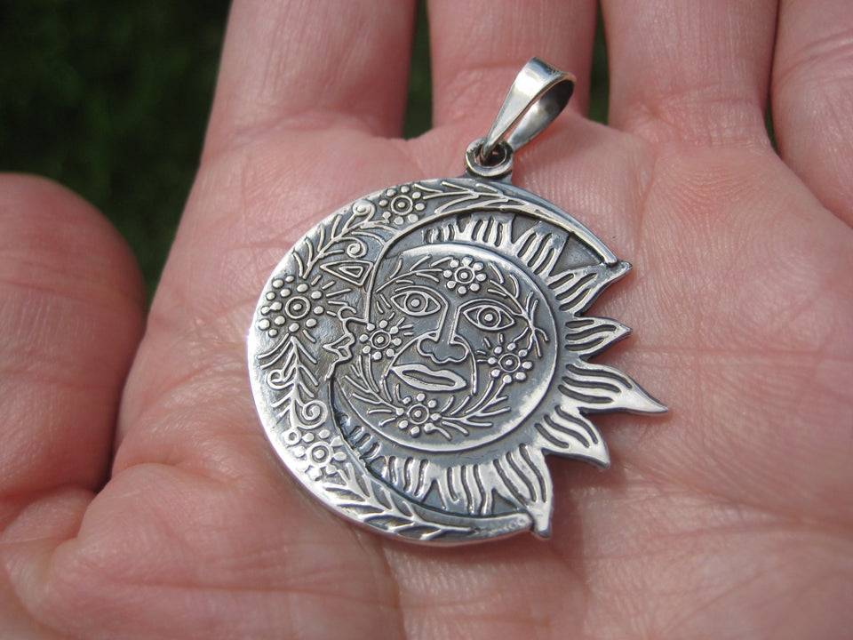 950 Silver Sun Moon Pendant Taxco Mexico A2644