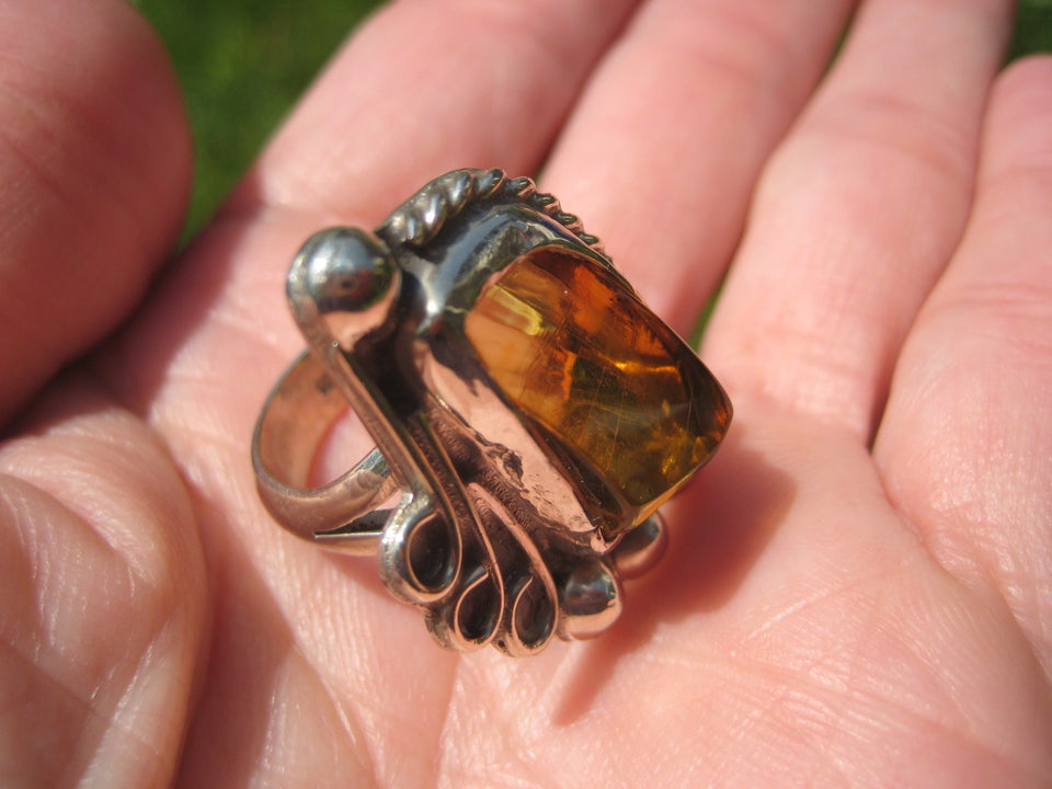 925 Silver Chiapas Amber Ring Taxco Mexico Size 7.5 A2732
