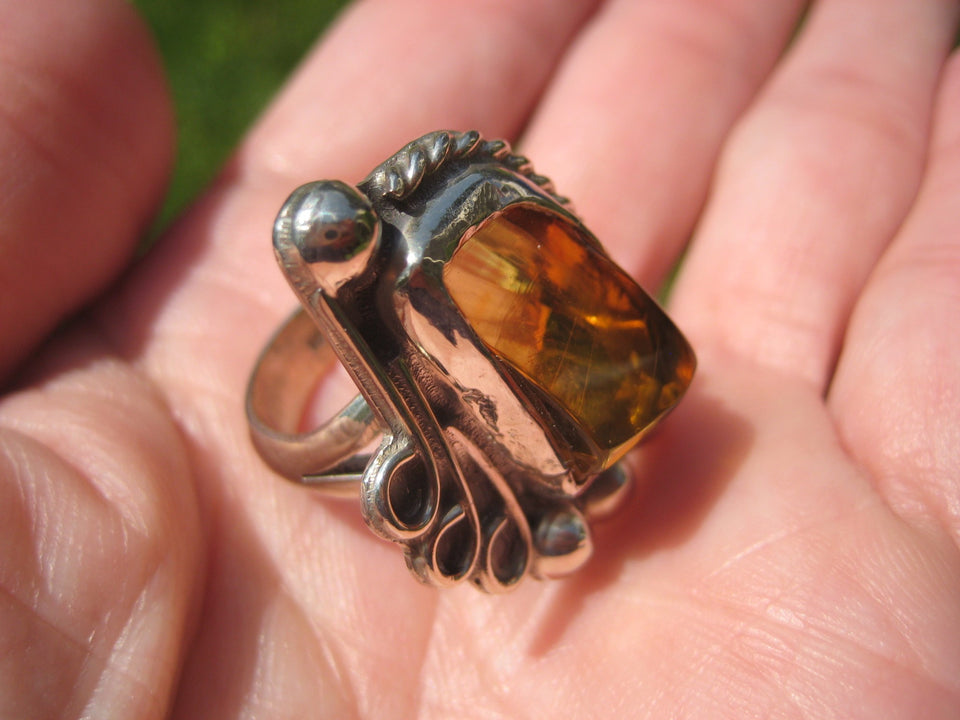 925 Silver Chiapas Amber Ring Taxco Mexico Size 7.5 A2732