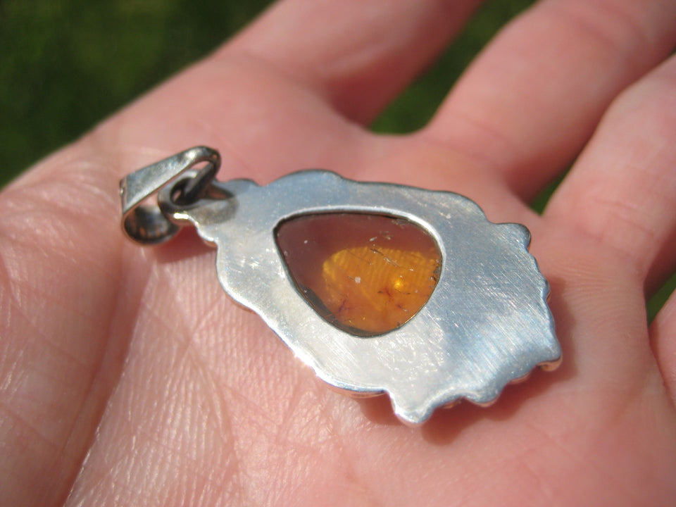 925 Silver Chiapas Amber Pendant Taxco Mexico A6388