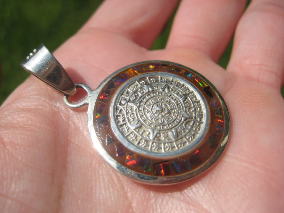 925 Silver Mayan Calendar Synthetic Opal Pendant Taxco Mexico A2837