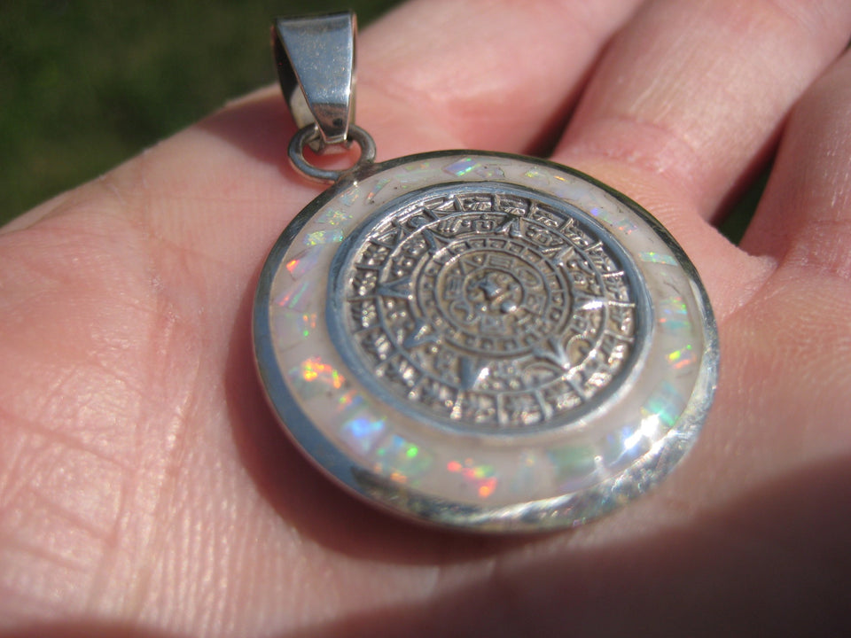 925 Silver Mayan Calendar Synthetic Opal Pendant Taxco Mexico A2868