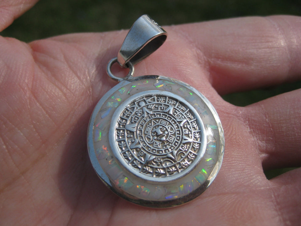 925 Silver Mayan Calendar Synthetic Opal Pendant Taxco Mexico A2868
