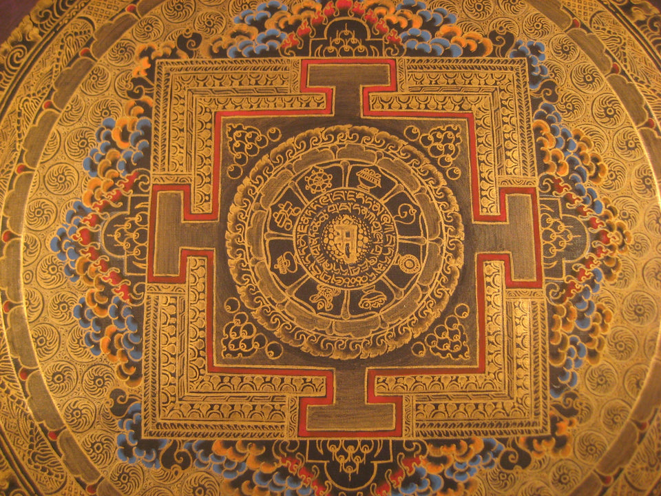 24 K Gold Sai Lama Ohm nine spiritual symbols Thangka Painting Nepal Art A2733