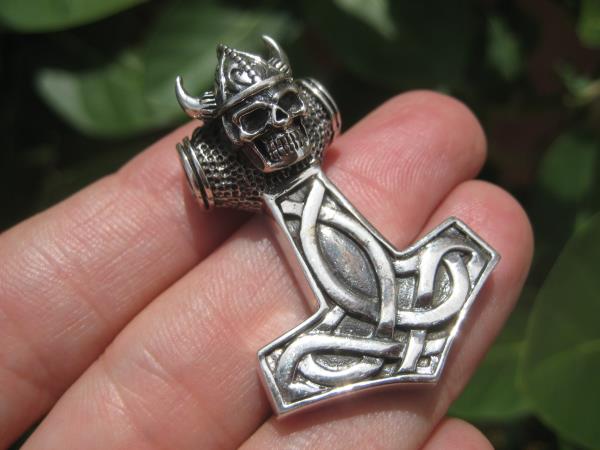 925 Silver Viking Skull Helmet Mjolnir Mjolhner Hammer of Thor Pendant