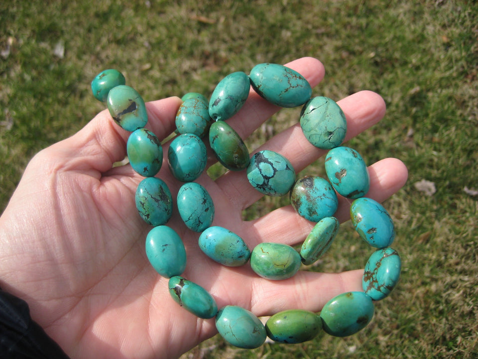 925 Silver Natural Tibetan Turquoise Bead Necklace Nepal Jewelry Art A2799