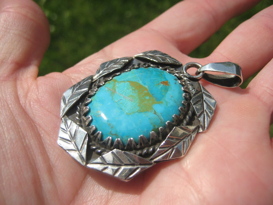 925 Silver Natural Sonora Turquoise Stone Pendant Necklace Taxco Mexico A2844