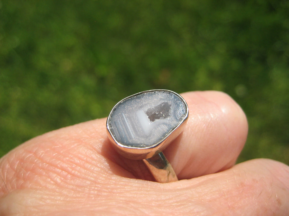 925 Silver Agate Geode Drusy Ring Taxco Mexico Size 7.5 Adjustable A34233