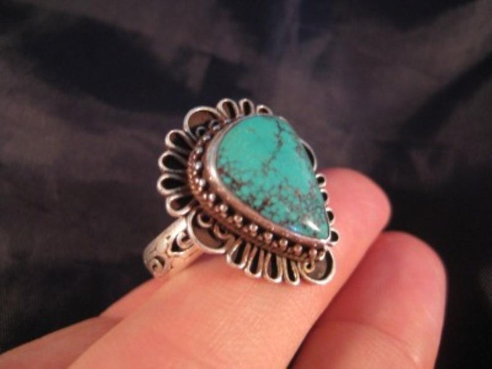 925 Silver Tibetan Turquoise stone Ring jewelry art Nepal Size 10 US