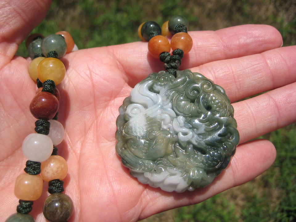 Natural Jadeite Jade Dragon Pendant Necklace Amulet Burmese Hand Made A2942