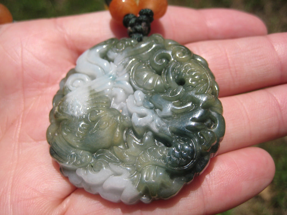 Natural Jadeite Jade Dragon Pendant Necklace Amulet Burmese Hand Made A2942