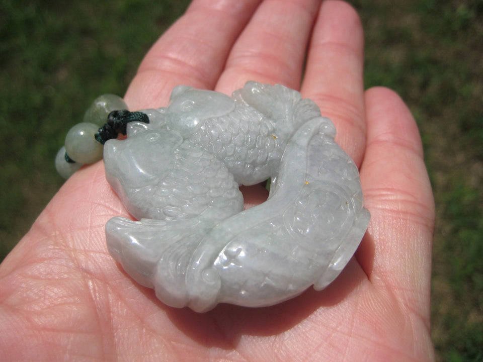 Natural Grey Jadeite Jade Lucky Fish Carp Pendant Necklace Amulet A83214