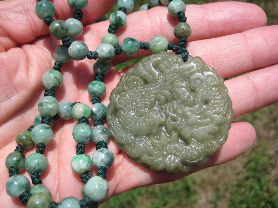 Natural Jadeite Jade Dragon Pendant Necklace Amulet Burmese Hand Made A5288
